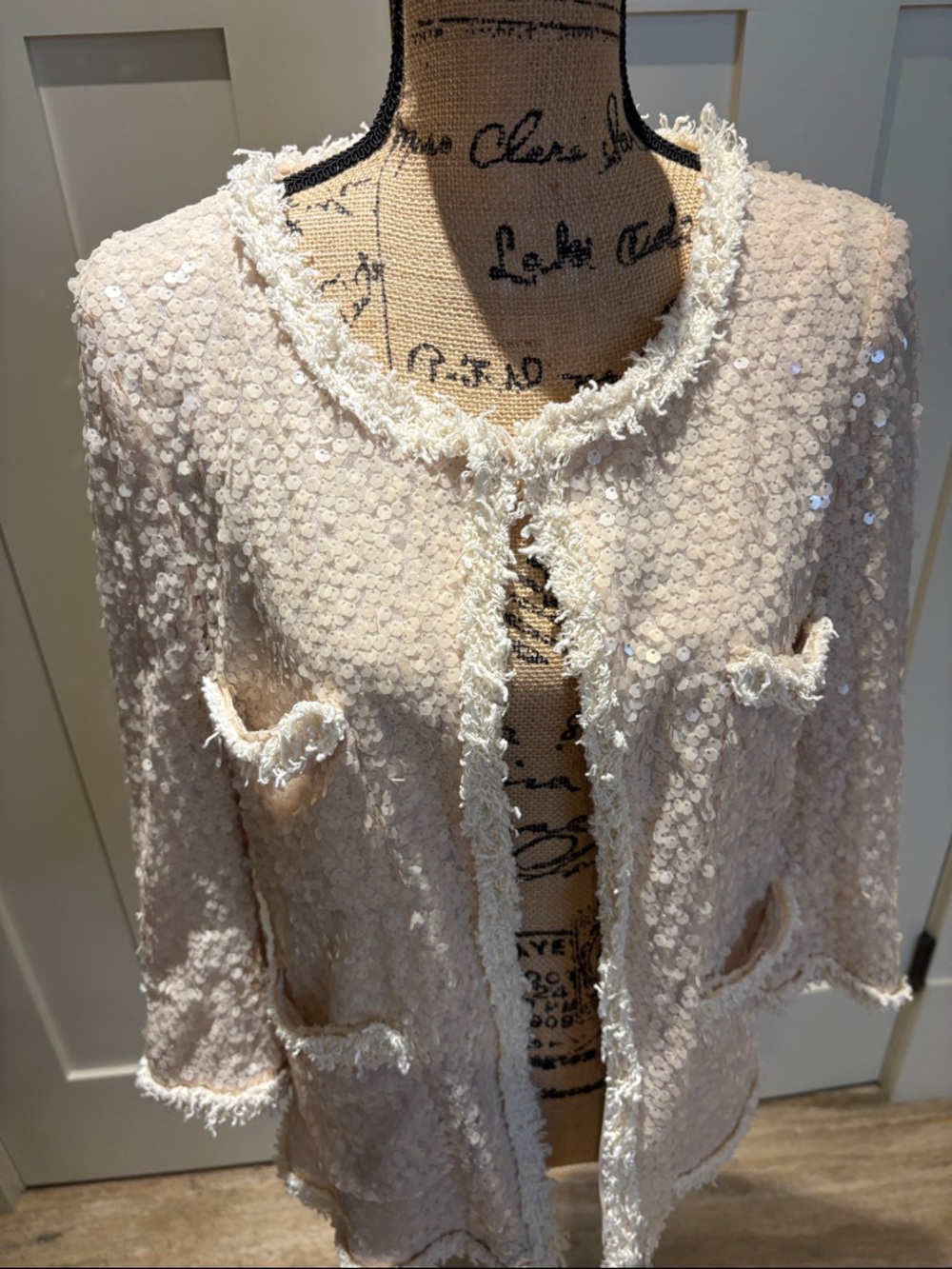 Ivory Sequin Fringe Open Cardigan